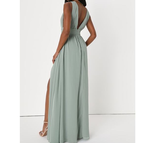 Lulus NWOT Heavenly Hues Sage Green Brush Woven Chiffon V-Neck Maxi Dress Large - Picture 8 of 12